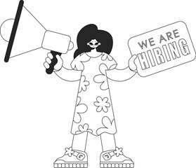 Competent HR specialist woman holding a megaphone in her hands. HR topic. Linear black and white style.