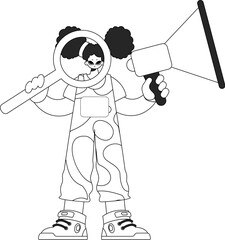 An experienced HR specialist woman holds a megaphone and a magnifying glass in her hands. HR topic. Linear newspaper black and white style.