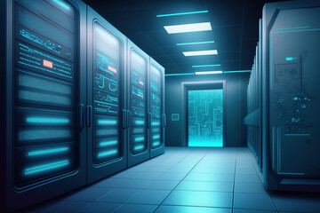 With contemporary communication and server technology, this futuristic server blur motion room. Generative AI