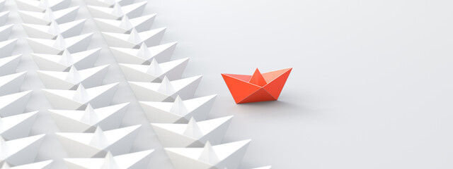 Leadership concept, red leader boat, standing out from the crowd of white boats. 3D Rendering