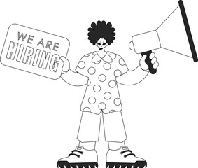 Capable HR specialist man holding a megaphone. HR topic. Newspaper black and white style.