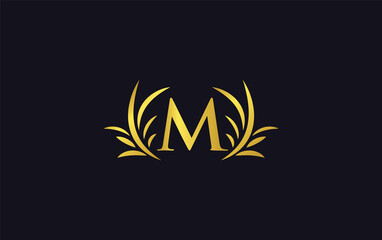 Golden laurel wreath leaf logo design with the letters and alphabets and bamboo leaf 