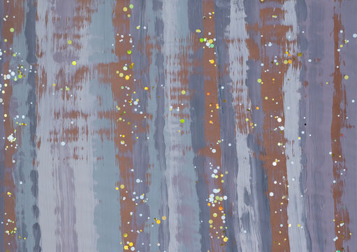 An abstract striped painting with brushstrokes. Brown and grey colours and gold glitter elements. © Anastasiia
