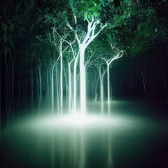 Obraz premium tropical forest with fog lights and gloom in the jungle generative ai illustration