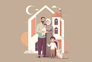 Happy family greeting and celebrating Eid Mubarak. Vector illustration in a flat style. Created by generative AI
