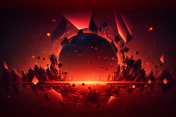 Fantastic red landscape of alien planet with rocks, flying stones and glowing red spots. Illustration of cosmos space and planet surface panorama for computer game background. Generative AI