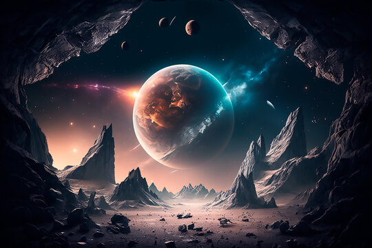 Fantastic landscape of alien planet with rocks, flying stones and glowing yellow and blue spots. Illustration of space and planet surface panorama for computer game background. Generative AI