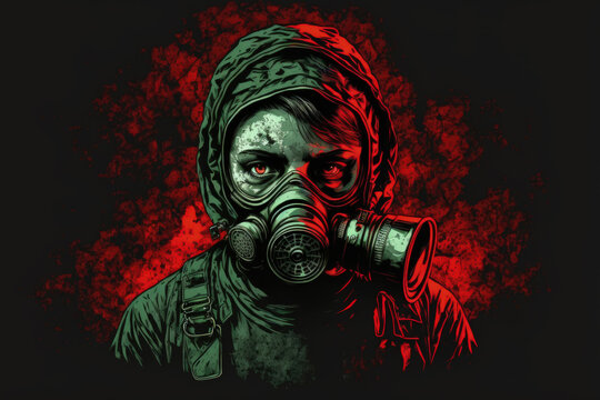 Photo shows a stalker's face in a vintage gas mask from the Soviet Union with a filter and fading red highlights on a dark background. Generative AI