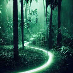 tropical forest with fog lights and gloom in the jungle generative ai illustration