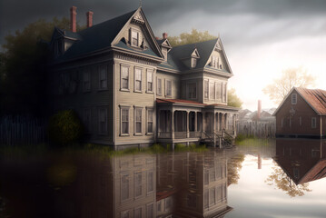Fototapeta premium House on the flooded road. Flooded city street, storm. Generative AI