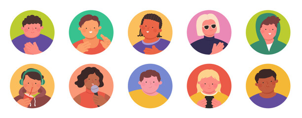 Modern various people in cartoon style. Funny portraits of characters in different positions.