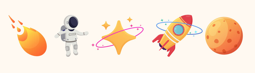 Space objects in cartoon style, comet asteroid, comet, star with ring, astronaut in space suit.
