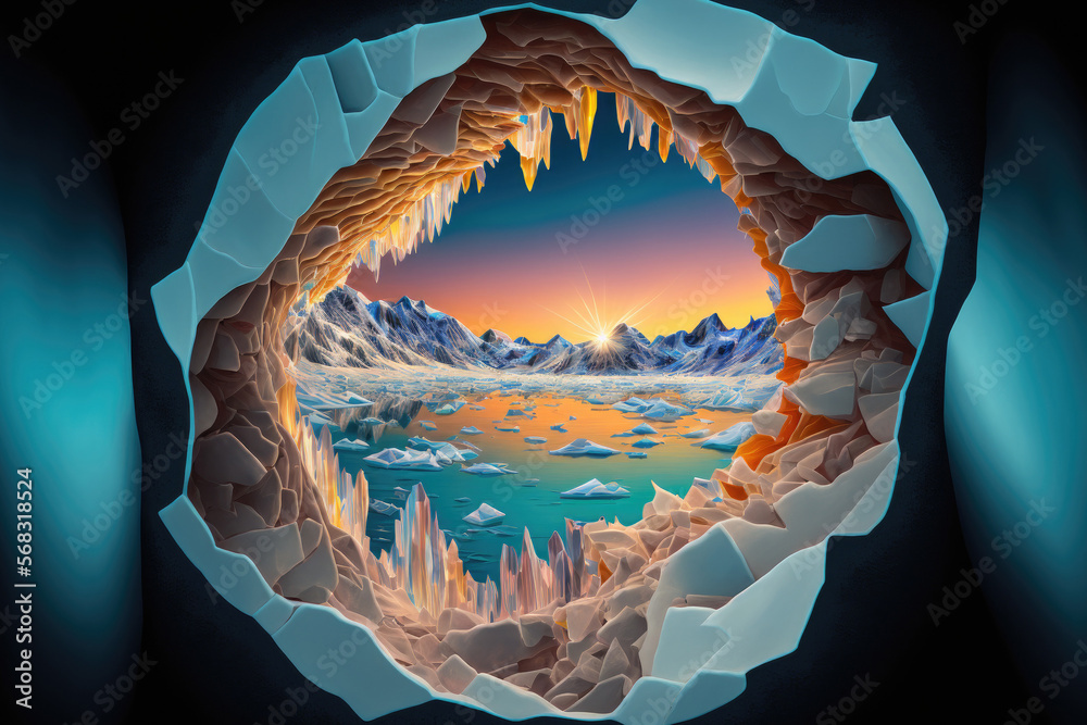 Wall mural Before your sight, the magnificent deep Baikal ice is cracked. view from within. Generative AI