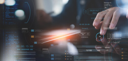 Data Processing, digital technology, internet network concept. Computer programmer working on big data and programming code, Cloud computing and blockchain technology concept