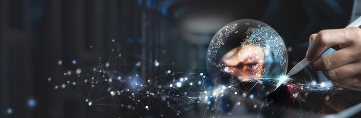 Global network connection concept. Big data visualization. Social network communication, data exchange, global business and Internet technology, digital transformation