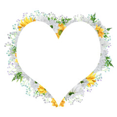 Hand-drawn heart-shaped watercolor wreath with white and yellow chrysanthemum with colored gypsophila
