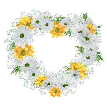 Hand-drawn heart-shaped watercolor wreath with white and yellow chrysanthemum with colored gypsophila