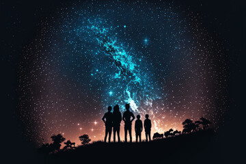 silhouette of people looking at the milky way. Generative AI