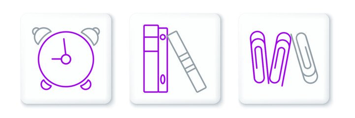 Set line Paper clip, Alarm clock and Office folders with papers and documents icon. Vector