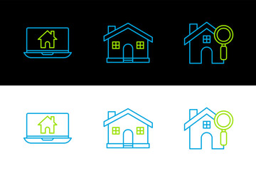 Set line Search house, Laptop and smart home and House icon. Vector