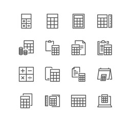 Set of calculation and accounting related icons, calculator, money, audit, tax, revenue, payable, credit and linear variety vectors.