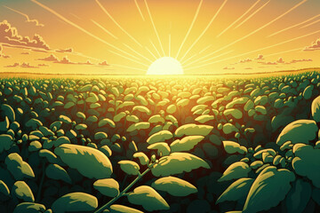 Obraz premium Open soybean field at sunset.Soybean field . Generative AI