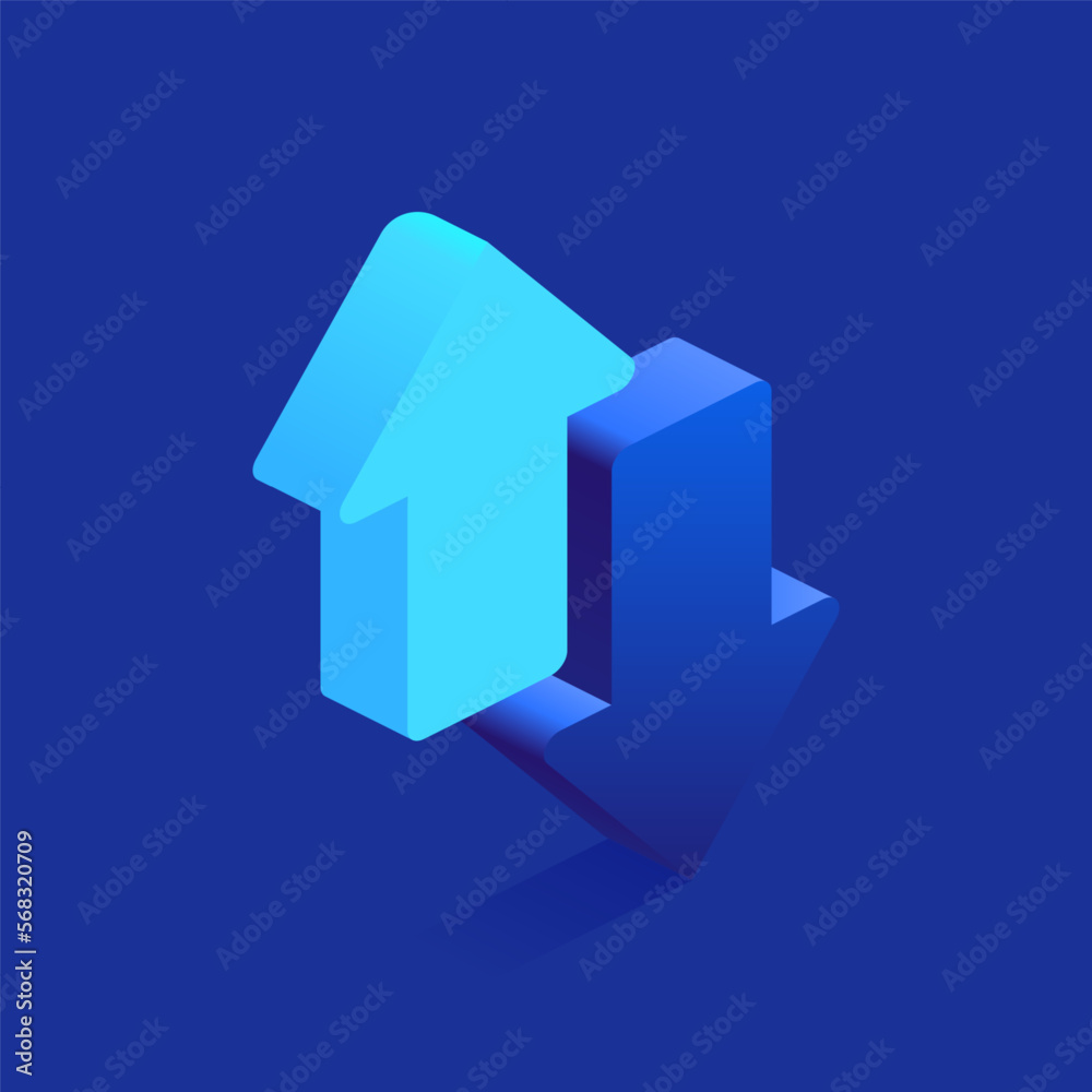 Poster blue arrows up and down icon in isometric view. growth and decline graph chart. data analysis, finan