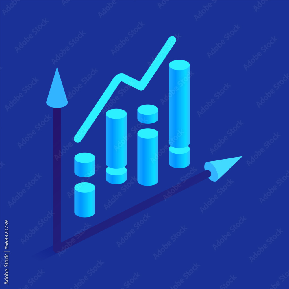 Poster blue bar graph and line chart with two axes. analysis progress, development and success icon in isom