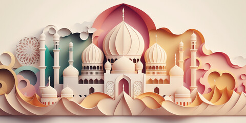illustration of mosque with paper cut style with pastel color scheme. Generative AI