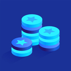 Blue stacks of coins icon in isometric view. Economic growth, earning or making money, investment concept. Payment, banking, consumer credit, profit. Vector illustration isolated on white background