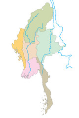 Map of Myanmar (Burma) administrative six regions with bored countries. 