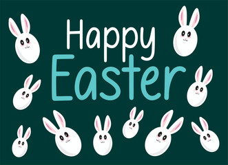 Happy Easter banner, poster, greeting card. Trendy Easter design with typography, bunnies, flowers, eggs, bunny ears, in pastel colors. Modern minimal 