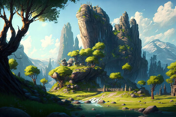 Fantasy landscape with fantastic, realistic looking grass, hills, rivers, and trees. Digital CG artwork for video games, concept illustrations, and realistic cartoon style scene designs. Generative AI