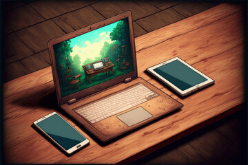 Open laptop, white smartphone, and digital tablet. On an ancient wooden desk with an isolated screen, all. Generative AI