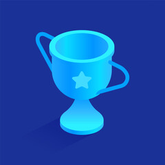 Blue trophy cup of champion icon in isometric view. Goal achievement, competition, motivation concept. Sport wins or business success, winner award. Vector illustration isolated on white background