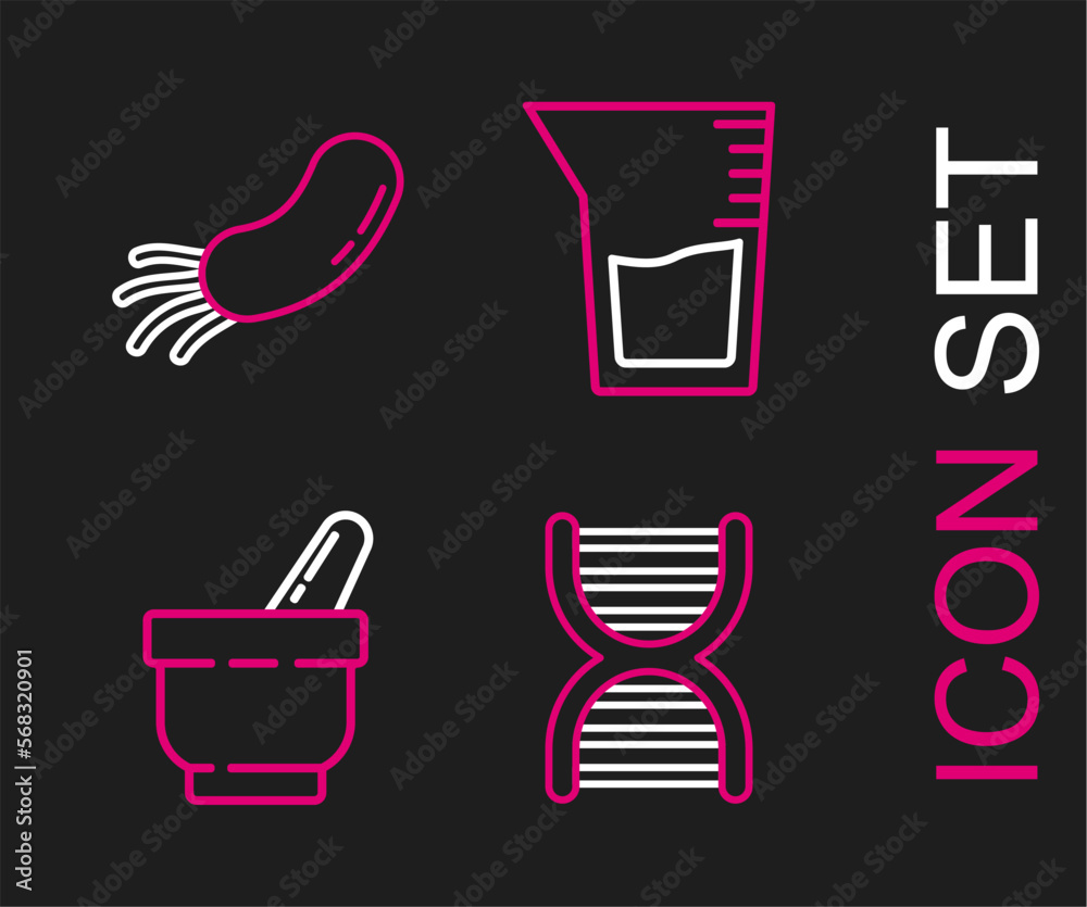 Canvas Prints set line dna symbol, mortar and pestle, laboratory glassware beaker and bacteria icon. vector