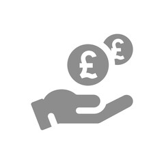 Human hand and money dropping British pound coin icon. Savings and payment concept vector fill symbol.