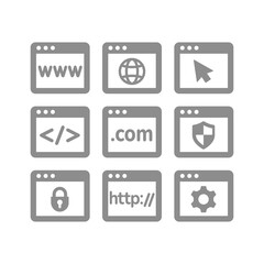 Web page with www and .com vector icon set. Internet site browsing, secured and cursor arrow icons.