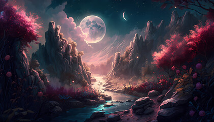 Obraz na płótnie Canvas Moonlit Mountain Stream with Glowing Trees, Picturesque Landscape, Generative AI
