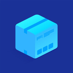 Blue closed postal parcel in cardboard box icon in isometric view. Delivery packaging box with fragile signs. Post transportation service concept. Vector illustration isolated on white background