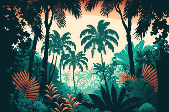 Wallpaper design with tropical trees and foliage . Generative AI