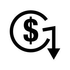 Cost reduction icon. A sharp drop in the dollar price. Decrease in dollar assets. Vectors.