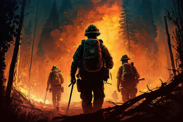 Obraz premium A wildfire is fought by firefighters. Generative AI