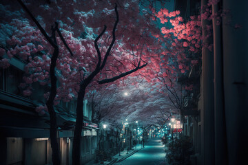 Tokyo's cherry blossoms at night. Generative AI
