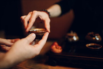 Chinese traditional puerh tea ceremony. Shepherd, chahay and gaiwan.