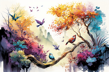 Obraz na płótnie Canvas Beautiful Digital Watercolor Paintings, Colorful, High Quality, Trees, Landscapes, Peaceful Scenic Birds and Wildlife, Colorful Vistas, Watercolor Background and Wallpaper