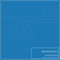Blueprint Canadian city map of Archerwill, Saskatchewan.