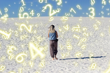 numerology, a girl  walks through the desert, a symbol of life's journey and travel, surrounded by numbers
