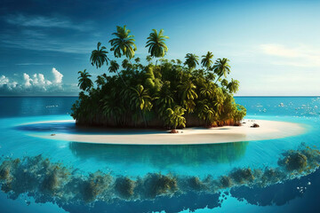 Within an atoll in the Indian Ocean is a whole tropical island. Wild and uninhabited subtropical island with palm trees. An island in the tropics with no sand. Generative AI