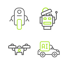 Set line Autonomous smart car, Drone, Robot and icon. Vector